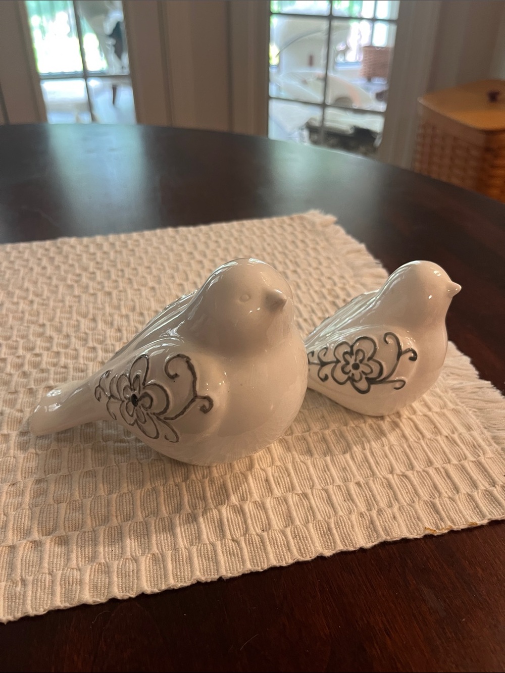 White Ceramic Decorative Bird Pair with Floral Accents